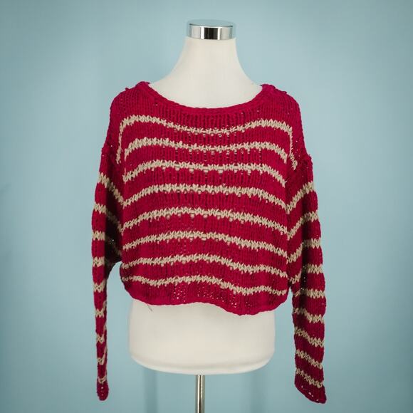 Free People Size XS Over And Easy Stripe Red Tan Scoop Dolman Sleeve Sweater - Picture 1 of 7